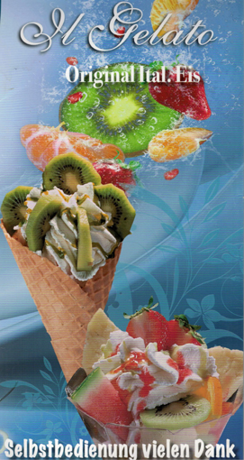 Eiskarte personalisiert. Il Gelato Eiskarte für Eisbecher zum Mitnehmen. Eisbecher dekoriert mit verschiedenen Eis Zutaten. Titelblatt Il Gelato Original Ital. Eis zur Selbstbedienung.