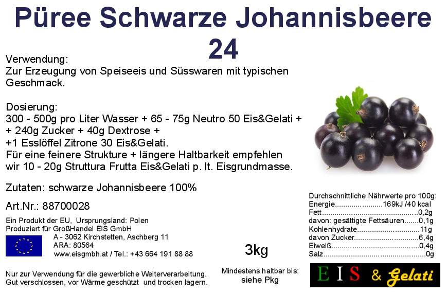 Etikett Johannisbeeren schwarz. Johannisbeerenpüree Eis & Gelati. Für Speiseeis, Konditoreiprodukte, Johannisbeersirup, Fruchtzubereitung