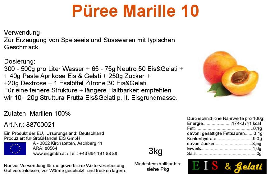 Etikett Eis & Gelati Obstkonserve Marillenpürree. Zur Herstellung von Eismarillenknödel, Marilleneis, Eisdekoration, Marillenshake und Marillensmoothies