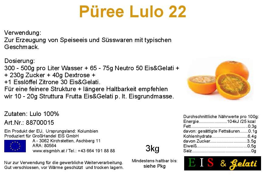 Eis & Gelati Etikett Lulo oder Quitoorange. Fruchtpulpe für Lulo Eis oder als Zusatz für tropische Gerichte