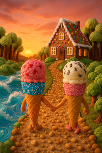 Hänseltüte und Greteltüte Hand in Hand zum Lebkuchenhaus