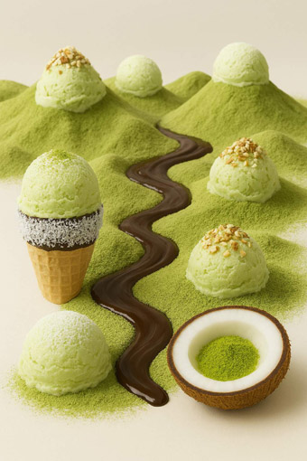 Matcha Kokos Landschaft mit Schoko Kokos Tüte und Matcha Kokos Eis