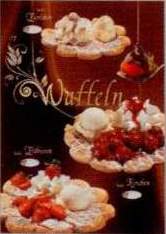 Standard Plakat frische Waffeln. PL 145. Bananen, heiße Kirschen und Erdbeeren.