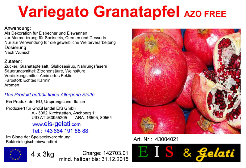 Eis & Gelati Variegato. Fruchteispasten und Milcheispasten zur Variation von Speiseeis, um Speiseeis färbig und geschmacklich zu variieren. Zur Marmorierung von Cremen, Halbgefrorenem, Schlagobers, Pudding. Zur Verstärkung von Früchten und Dekoration von Eiscups, Eiswannen, in der Eisvitrine, Torten und anderen Nachspeisen. Vielseitig verwendbar für die Eisdiele, Eissalon, Eiscafe, Konditorei, Großküche, Gastronomie. Eis & Gelati Servicepartner