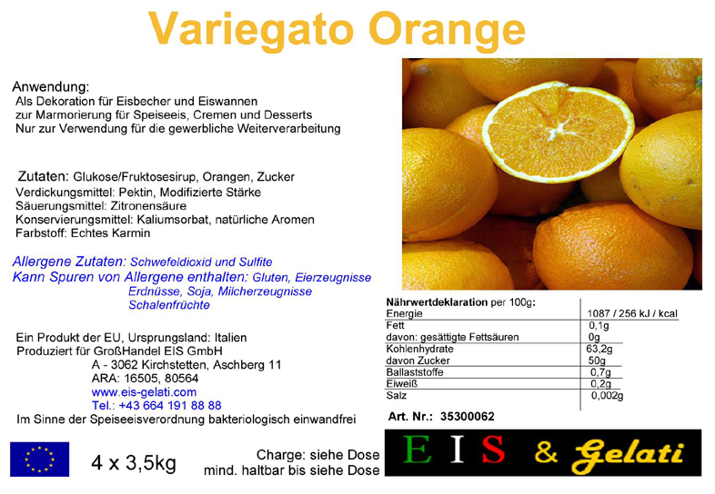 Eis & Gelati Variegato. Fruchteispasten und Milcheispasten zur Variation von Speiseeis, um Speiseeis färbig und geschmacklich zu variieren. Zur Marmorierung von Cremen, Halbgefrorenem, Schlagobers, Pudding. Zur Verstärkung von Früchten und Dekoration von Eiscups, Eiswannen, in der Eisvitrine, Torten und anderen Nachspeisen. Vielseitig verwendbar für die Eisdiele, Eissalon, Eiscafe, Konditorei, Großküche, Gastronomie. Eis & Gelati Servicepartner