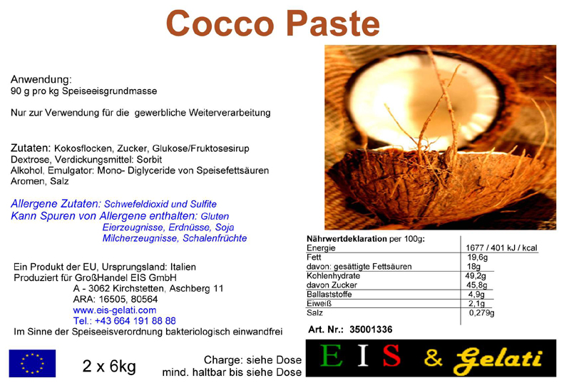 Eis & Gelati Cocco Paste. Zur Herstellung von Speiseeis mit Kokosgeschmack. Kokos Eis