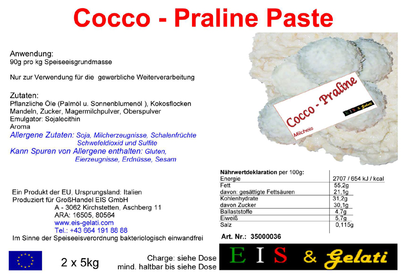 Eis & Gelati Cocco Praline. Zur Herstellung von Speiseeis mit dem Geschmack von Kokos, Mandeln und weißer Creme in einer Waffelpraline. Einer bekannten weißen Praline nachempfunden.