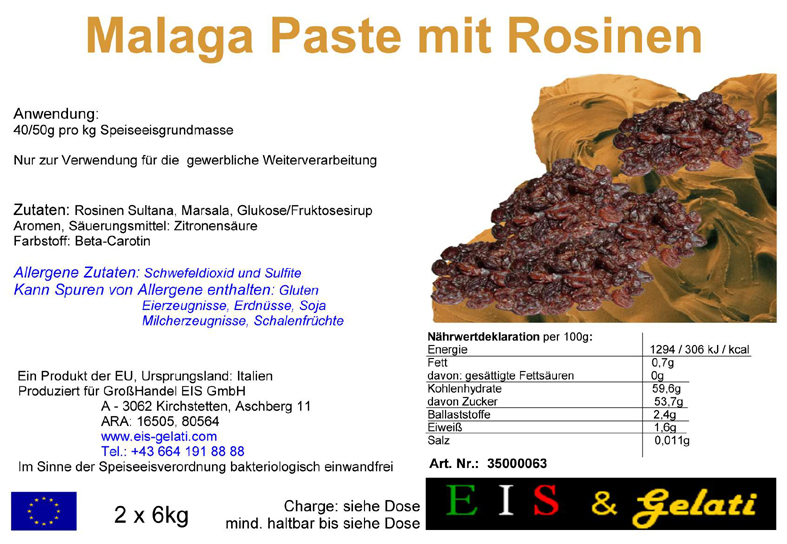 Malaga Paste mit Rosinen für Malaga Speiseeis und Malaga Torte. Eis-Gelati