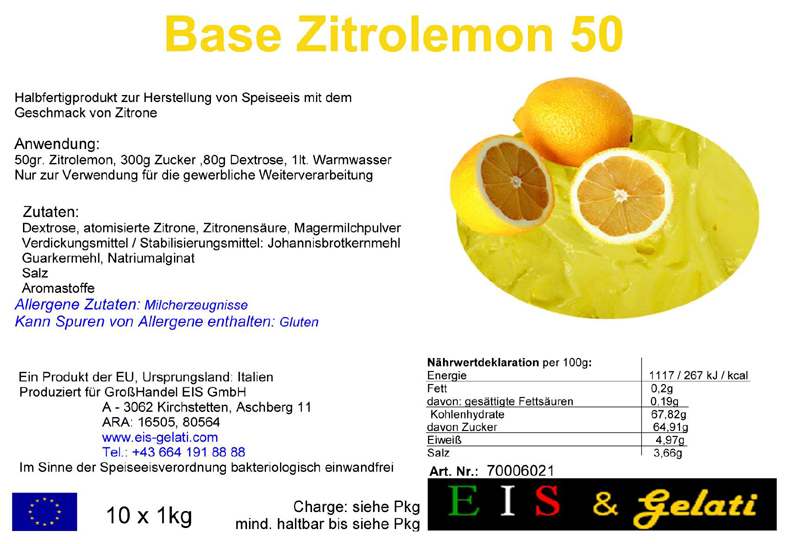 Base Zitrolemon hat einen sehr guten Geschmack nach frischen Zitronen. Die Base enthält bereits Eisbinder und einige kleine Verbesserungen. Einfach mit Wasser, 50 g Zitrolemon und Zucker zusammenmischen und ausfrieren. Eventuell mit frischem Zitronensaft verbessern.