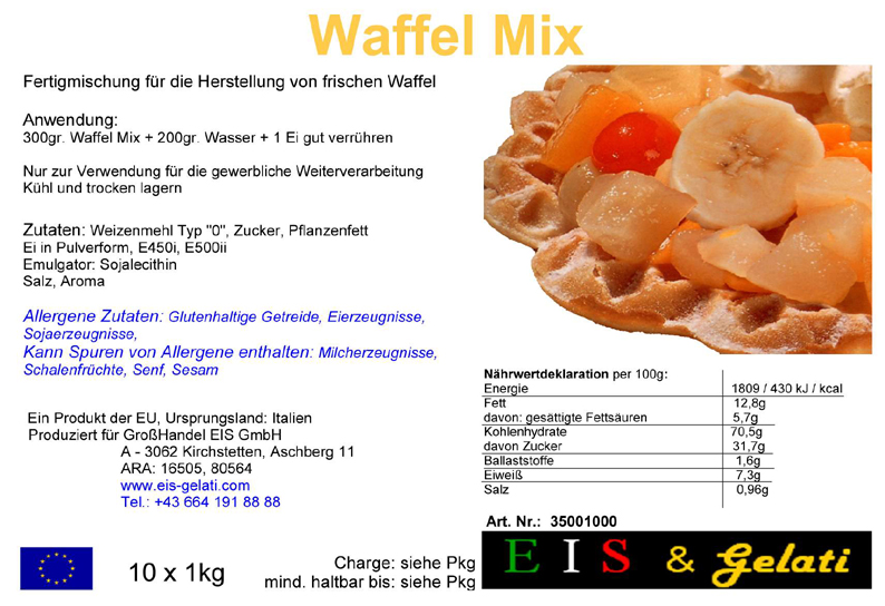 Eis & Gelati Waffelmix. Backmischung für gebackene Brüsseler Waffeln, Bubble Waffeln