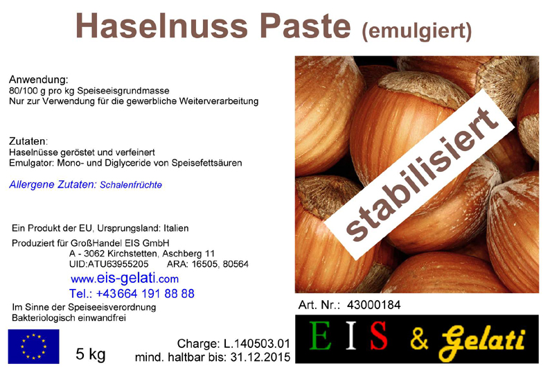 Eis & Gelati Haselnuss stabilisiert. Haselnusspaste zur Herstellung von Speiseeis und Cremen. 