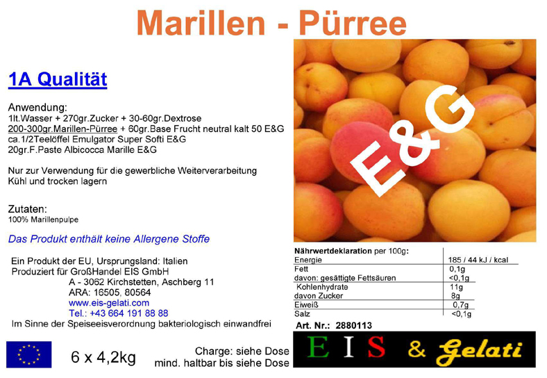 Eis & Gelati Obstkonserve Marillenpürree. Zur Herstellung von Eismarillenknödel, Marilleneis, Eisdekoration, Marillenshake und Marillensmoothies