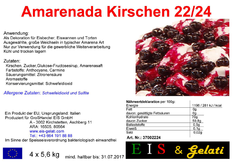 Eis & Gelati Obstkonserve Amarenada Kirschen 22-24mm ganze Kirsche. Zur Dekoration von Speiseeis, Eiswannen, Eiscups, Amarenabecher, Frozen Joghurt, Halbgefrorenenprodukte, Eistorten, Konditoreiprodukte wie Torten, Cremen, Nachspeisen. Für Eissalon, Konditorei, Großküche und Gastronomie