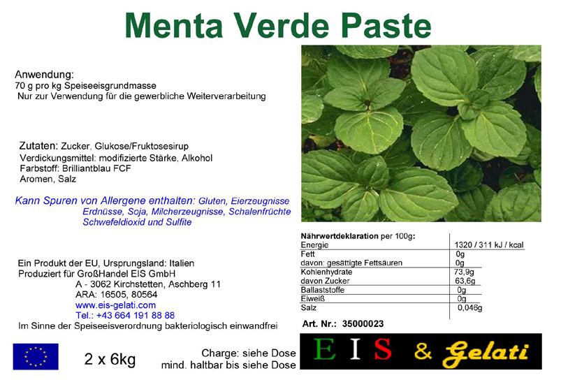 Eis & Gelati Pfefferminze - Minze - Menta verde Paste. Für die Eisproduktion und Herstellung von Speiseeis mit dem Geschmack von Minze. Pfefferminze Eis