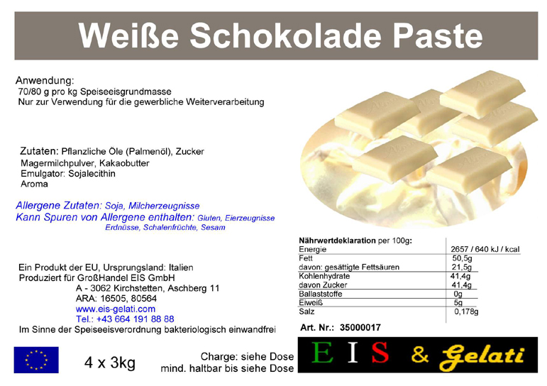 Eis & Gelati Weiße Schokolade Milcheispaste. Zur Herstellung von Speiseeis mit dem Geschmack von Weißer Schokolade. Weiße Schokolade Eis