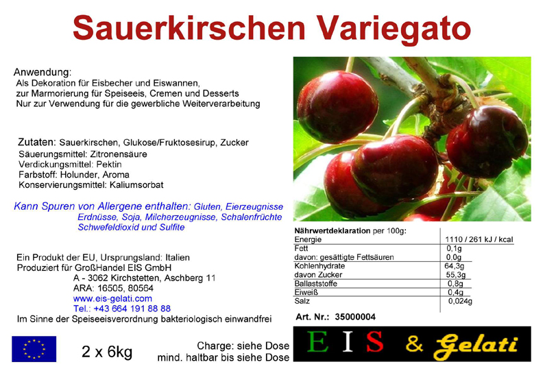 Eis & Gelati Variegato. Fruchteispasten und Milcheispasten zur Variation von Speiseeis, um Speiseeis färbig und geschmacklich zu variieren. Zur Marmorierung von Cremen, Halbgefrorenem, Schlagobers, Pudding. Zur Verstärkung von Früchten und Dekoration von Eiscups, Eiswannen, in der Eisvitrine, Torten und anderen Nachspeisen. Vielseitig verwendbar für die Eisdiele, Eissalon, Eiscafe, Konditorei, Großküche, Gastronomie. Eis & Gelati Servicepartner