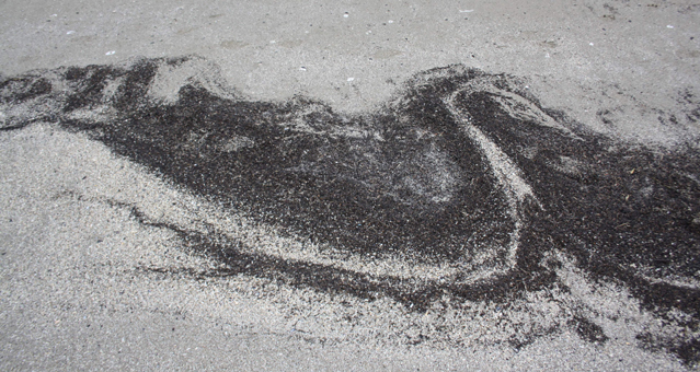 Strandbild aus natürlichen Materialien von Wind, Wellen und Meer hergestellt. Rimini vor der Eismesse Sigep.