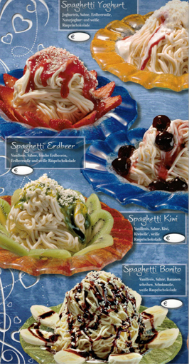 Eiskarte Spaghetti Time. Schwerpunktkarte Innenteil Mitte. Eisspaghetti Yoghurt, Eisspaghetti Erdbeer, Spaghetti Kiwi, Eisspaghetti Bonito mit Bananen, Spaghetti Amarena