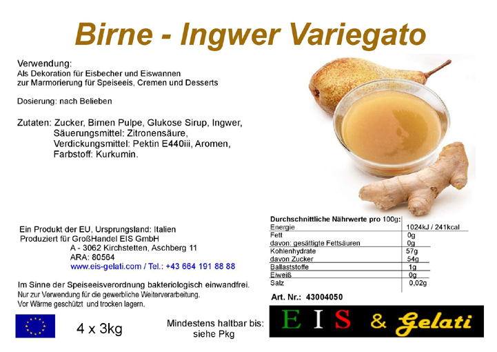 Etikett Variegato Birne Ingwer mit Fruchtstückchen zur Marmorierung von Speiseeis und Eisdekoration