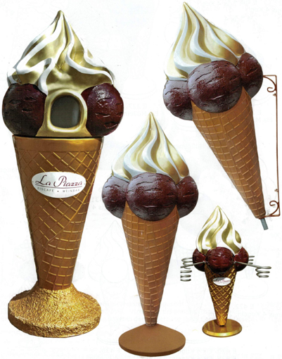 Werbeeistüte 3D Werbe-Eishörnchen. Cono pubblicita Gelato. Eisstanitzel 4 Eiskugeln - Obers metallisiert, Hängeeistüte und mit Sockel.