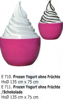 Frozen Yoghurt oder Softeisbecher. Softeis oder mit Schokoladesauce. Außenwerbung für Softeis