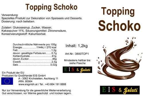 Eis & Gelati Topping - Dessertsaucen. Übergußsaucen zur Dekoration von Eiscups und Nachspeisen für Eissalon, Konditorei, Großküche und Gastronomie in den Sorten Schokolade Sauce, Erdbeer Sauce, Kiwi Sauce, Amarena Sauce, Karamel Sauce, Himbeer Sauce.