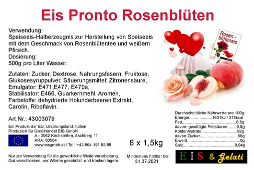 Eis Pronto Rosenblüten - Pfirsich. Pulvermischung für die Herstellung von Speiseeis mit dem Geschmack nach Rosenblüten und Pfirsich