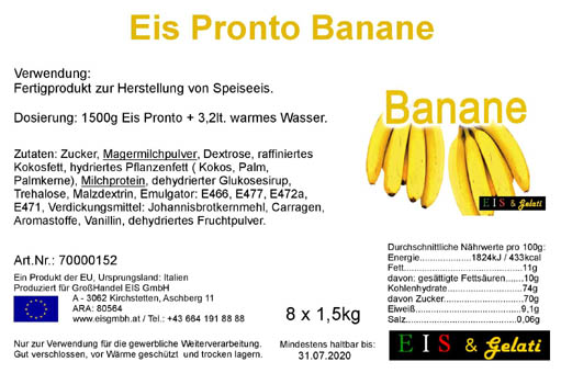 Eis Pronto Banane. Pulvermischung für die Herstellung von Speiseeis mit dem Geschmack nach Banane