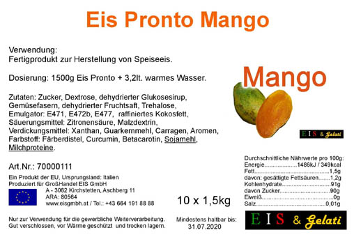 Eis Pronto Mango. Pulvermischung für die Herstellung von Speiseeis mit dem Geschmack nach Mango