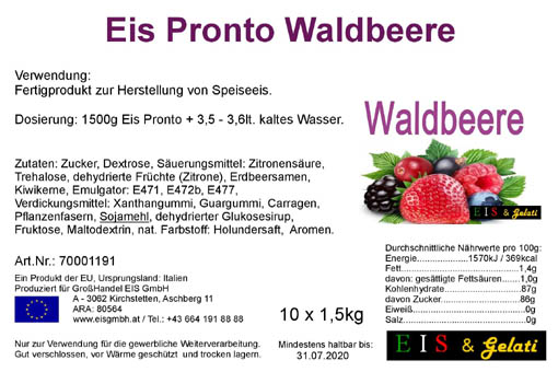 Eis Pronto Waldbeere. Pulvermischung für die Herstellung von Speiseeis mit dem Geschmack nach Rosenblüten und Waldbeere