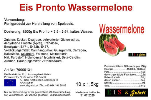 Eis Pronto Wassermelone. Pulvermischung für die Herstellung von Speiseeis mit dem Geschmack nach Wassermelone