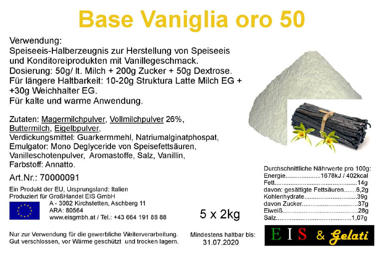 Eis & Gelati. Base Vanille Oro mit Eigelb und Eisbinder. Zur Herstellung von Speiseeisansatz mit Eigelb und Vanillegeschmack