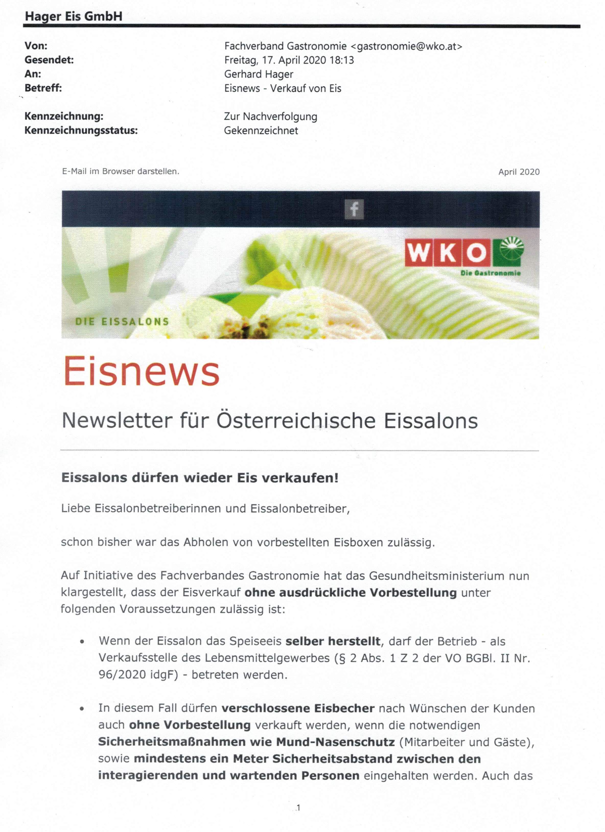 Newsletter Fachverband der Gastronomie v. 17.4.2020 Eissalons